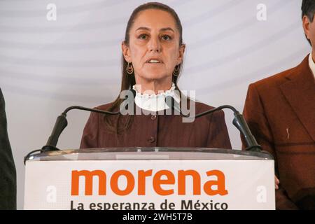 Claudia Sheinbaum Mexicos Vorkandidat Pressekonferenz 6. Februar 2024, Mexiko-Stadt: Claudia Sheinbaum, Vorkandidatin für die Präsidentschaft Mexikos für die Koalition Let s Keep Making History, gab während einer Pressekonferenz ihre Position zu den Initiativen bekannt, die Präsident Andres Manuel Lopez Obrador der Abgeordnetenkammer im Camino Real Pedregal Hotel Mexico City Mexiko-Stadt Mexiko-Stadt vorgestellt hat Copyright: xJosexLuisxToralesxEyepixGroupx Stockfoto