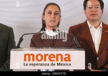 Claudia Sheinbaum Mexicos Vorkandidat Pressekonferenz 6. Februar 2024, Mexiko-Stadt: Claudia Sheinbaum, Vorkandidatin für die Präsidentschaft Mexikos für die Koalition Let s Keep Making History, gab während einer Pressekonferenz ihre Position zu den Initiativen bekannt, die Präsident Andres Manuel Lopez Obrador der Abgeordnetenkammer im Camino Real Pedregal Hotel Mexico City Mexiko-Stadt Mexiko-Stadt vorgestellt hat Copyright: xJosexLuisxToralesxEyepixGroupx Stockfoto