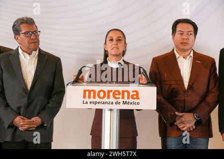 Claudia Sheinbaum Mexicos Vorkandidat Pressekonferenz 6. Februar 2024, Mexiko-Stadt: Claudia Sheinbaum, Vorkandidatin für die Präsidentschaft Mexikos für die Koalition Let s Keep Making History, gab während einer Pressekonferenz ihre Position zu den Initiativen bekannt, die Präsident Andres Manuel Lopez Obrador der Abgeordnetenkammer im Camino Real Pedregal Hotel Mexico City Mexiko-Stadt Mexiko-Stadt vorgestellt hat Copyright: xJosexLuisxToralesxEyepixGroupx Stockfoto