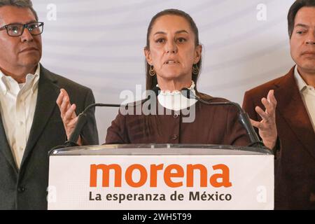 Claudia Sheinbaum Mexicos Vorkandidat Pressekonferenz 6. Februar 2024, Mexiko-Stadt: Claudia Sheinbaum, Vorkandidatin für die Präsidentschaft Mexikos für die Koalition Let s Keep Making History, gab während einer Pressekonferenz ihre Position zu den Initiativen bekannt, die Präsident Andres Manuel Lopez Obrador der Abgeordnetenkammer im Camino Real Pedregal Hotel Mexico City Mexiko-Stadt Mexiko-Stadt vorgestellt hat Copyright: xJosexLuisxToralesxEyepixGroupx Stockfoto