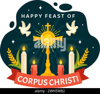 Korpus Christi katholischer religiöser Vektor-Illustration mit Festtag, Kreuz, Brot und Trauben im Feiertagsfeiertag flacher Zeichentrickhintergrund Stock Vektor