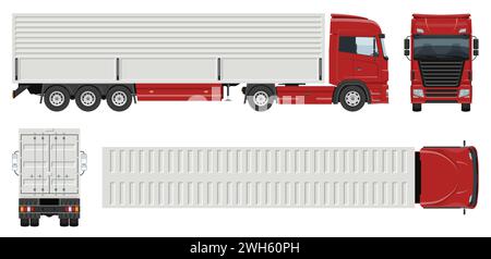 Vektorvorlage für Wing-Van-Anhänger-Lkw mit einfachen Farben ohne Verläufe und Effekte. Ansicht von der Seite, von vorne, hinten und oben Stock Vektor