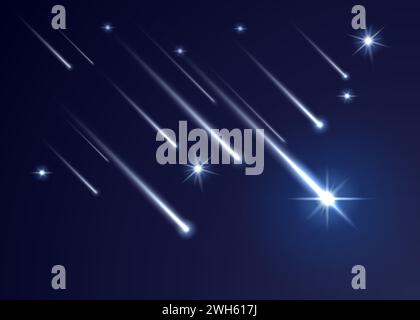 Sternenaufnahmen mit Spuren, realistisch fallenden Kometen und Meteoren. 3D-Vektorasteroiden und -Bolide mit leuchtenden Spuren durchstreifen den Nachthimmel in faszinierendem Spektakel des himmlischen Phänomens Stock Vektor