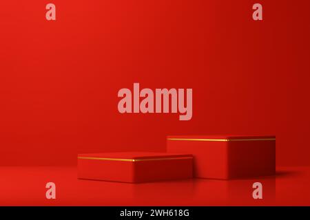 Rote Würfel rechteckige chinesische Podestbühne mit goldenen Ringen. Lunar New Year Produktständer, Sockel oder Plattform, Vektor-3D-Präsentationsszene mit minimaler quadratischer geometrischer Form und Schatten Stock Vektor