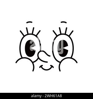 Cartoon Gesicht, groovie Retro lustige Emoji mit großen Augen und Nase, Vektor Emoticon Charakter. Comic-Groovige Gesichts-Emotionen mit glücklichen oder überraschten Wow-Brillenaugen und langen Wimpern in Retro-Zeichentrickanimation Stock Vektor