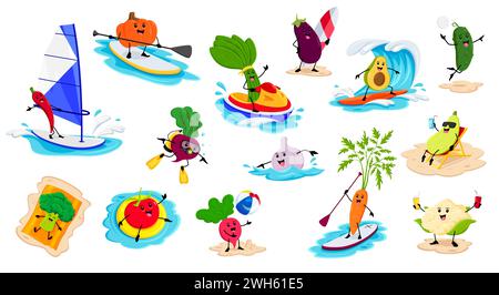 Comic fröhliche Gemüsefiguren im Sommerurlaub am Strand. Vektorkürbis, Spinat, Auberginen und Avocado. Gurke, Chili, Rote Bete und Knoblauch. Brokkoli, Tomaten, Rettich und Karotten oder Blumenkohl Stock Vektor