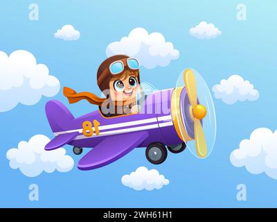 Junge, der in Wolken im Flugzeug fliegt. Boy Pilot im Flugzeug. Cartoon-Vektor lächelndes Kind Flieger engagieren sich auf Flugzeugreisen. Schweben Sie durch die Wolkenlandschaft, voller abenteuerlicher Spannung und Wunder Stock Vektor