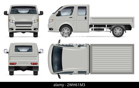 Kleines LKW-Vektor-Modell auf weißem Hintergrund für Fahrzeug-Branding, Unternehmensidentität. Ansicht von Seite, vorne, hinten, oben. Stock Vektor