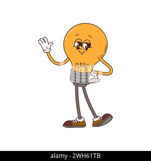 Cartoon lustige groovige Lampe Glühbirne Charakter in Hippie Comic Art, Vektor funky Persönlichkeit. 60er und 70er Jahre Hippie-Glühlampe mit Happy Face und Hello-Geste in Retro-Pop-Art Stock Vektor