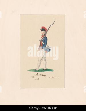„Aquarell eines Soldaten aus dem Artillerie-Regiment im Braunschweiger Korps während des Amerikanischen Unabhängigkeitskrieges“ um 1778. Von einer Druckserie Friedrich von deutschem Kapitän eines Regiments aus Hessen-Hanau, einer der vielen deutschen Hilfstruppen, die Georg III. Für die amerikanische Revolution engagiert hatte. Er kam 1775 während des Krieges in Nordamerika an und malte eine Reihe von Aquarellen amerikanischer, britischer und deutscher Soldaten. Stockfoto
