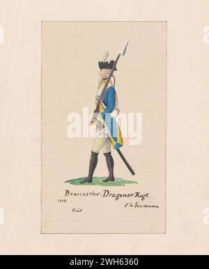 „Aquarell eines Soldaten aus dem Dragoner-Abteilungsregiment im Braunschweiger Korps während des Amerikanischen Unabhängigkeitskrieges“ um 1778. Von einer Druckserie Friedrich von deutschem Kapitän eines Regiments aus Hessen-Hanau, einer der vielen deutschen Hilfstruppen, die Georg III. Für die amerikanische Revolution engagiert hatte. Er kam 1775 während des Krieges in Nordamerika an und malte eine Reihe von Aquarellen amerikanischer, britischer und deutscher Soldaten. Stockfoto