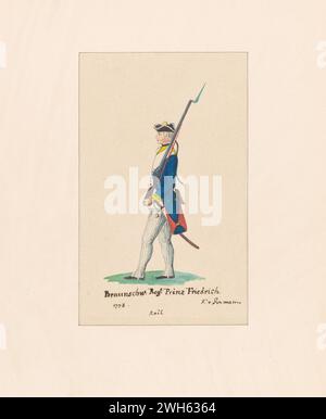 Aquarell eines Soldaten aus dem Musketier-Regiment Prinz Friedrich im Braunschweiger Korps während des Amerikanischen Unabhängigkeitskrieges um 1778. Von einer Druckserie Friedrich von deutschem Kapitän eines Regiments aus Hessen-Hanau, einer der vielen deutschen Hilfstruppen, die Georg III. Für die amerikanische Revolution engagiert hatte. Er kam 1775 während des Krieges in Nordamerika an und malte eine Reihe von Aquarellen amerikanischer, britischer und deutscher Soldaten. Stockfoto