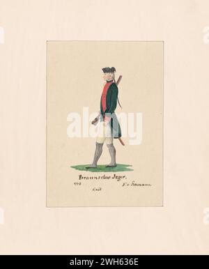 „Aquarell eines Soldaten aus dem Bataillon de Chasseurs (Jaegers) im Braunschweiger Korps während des Amerikanischen Unabhängigkeitskrieges“ um 1778. Das Bataillon war leichte Infanterie. Von einer Druckserie Friedrich von deutschem Kapitän eines Regiments aus Hessen-Hanau, einer der vielen deutschen Hilfstruppen, die Georg III. Für die amerikanische Revolution engagiert hatte. Er kam 1775 während des Krieges in Nordamerika an und malte eine Reihe von Aquarellen amerikanischer, britischer und deutscher Soldaten. Stockfoto