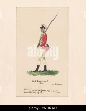 Watercolor of a Soldier from the British 62nd Regiment of Foot during the American Revolutionary war, um 1778. Von einer Druckserie Friedrich von deutschem Kapitän eines Regiments aus Hessen-Hanau, einer der vielen deutschen Hilfstruppen, die Georg III. Für die amerikanische Revolution engagiert hatte. Er kam 1775 während des Krieges in Nordamerika an und malte eine Reihe von Aquarellen amerikanischer, britischer und deutscher Soldaten. Stockfoto