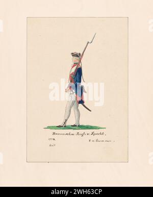 Aquarell eines Soldaten aus dem Musketier-Regiment von Riedesel im Braunschweiger Korps während des Amerikanischen Unabhängigkeitskrieges um 1778. Von einer Druckserie Friedrich von deutschem Kapitän eines Regiments aus Hessen-Hanau, einer der vielen deutschen Hilfstruppen, die Georg III. Für die amerikanische Revolution engagiert hatte. Er kam 1775 während des Krieges in Nordamerika an und malte eine Reihe von Aquarellen amerikanischer, britischer und deutscher Soldaten. Stockfoto