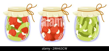 Eingelegtes Gemüse in flacher Form. Marinierte Gurke, Tomaten, Knoblauch. Speisen im Herbst marinieren. Vektorillustration auf weißem Hintergrund isoliert. Stock Vektor