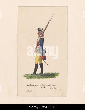 Aquarell eines Soldaten aus dem Musketier Hessen Hanau Regiment im Braunschweiger Korps während des Amerikanischen Unabhängigkeitskrieges um 1778. Von einer Druckserie Friedrich von deutschem Kapitän eines Regiments aus Hessen-Hanau, einer der vielen deutschen Hilfstruppen, die Georg III. Für die amerikanische Revolution engagiert hatte. Er kam 1775 während des Krieges in Nordamerika an und malte eine Reihe von Aquarellen amerikanischer, britischer und deutscher Soldaten. Stockfoto