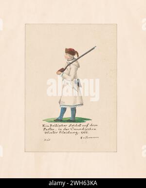 „Aquarell eines britischen Soldatenkleides in kanadischer Winteruniform während des Amerikanischen Unabhängigkeitskrieges“. Von einer Druckserie Friedrich von deutschem Kapitän eines Regiments aus Hessen-Hanau, einer der vielen deutschen Hilfstruppen, die Georg III. Für die amerikanische Revolution engagiert hatte. Er kam 1775 während des Krieges in Nordamerika an und malte eine Reihe von Aquarellen amerikanischer, britischer und deutscher Soldaten. Stockfoto