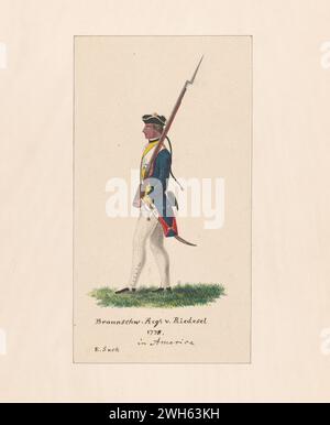„Aquarell eines Soldaten aus einem Regiment im Braunschweiger Korps während des Amerikanischen Unabhängigkeitskrieges“ um 1778. Von einer Druckserie Friedrich von deutschem Kapitän eines Regiments aus Hessen-Hanau, einer der vielen deutschen Hilfstruppen, die Georg III. Für die amerikanische Revolution engagiert hatte. Er kam 1775 während des Krieges in Nordamerika an und malte eine Reihe von Aquarellen amerikanischer, britischer und deutscher Soldaten. Dieses Regiment stand unter Generalmajor Riedesel Stockfoto