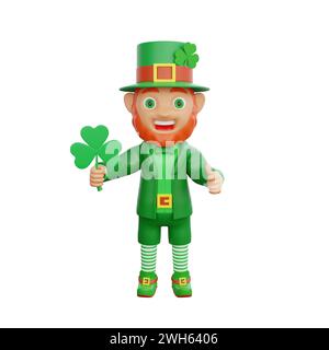 3D-Illustration eines fröhlichen Kobrechaun, der ein Glücksklever hält, perfekt für St. Themenprojekte zum Patrick's Day Stockfoto