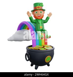 3D-Illustration eines fröhlichen Kobrechaun, der über einen Regenbogen springt, mit einem Topf mit Goldmünzen am Ende, perfekt für St. Themenprojekte zum Patrick's Day Stockfoto