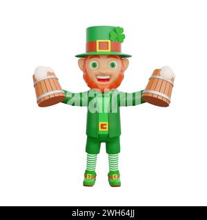 3D-Illustration eines fröhlichen Kobrechaun mit zwei Holztassen Bier, perfekt für St. Themenprojekte zum Patrick's Day Stockfoto