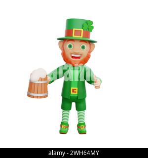 3D-Illustration eines fröhlichen Kobrechaun, der Holzbecher mit Bier hält, perfekt für St.. Themenprojekte zum Patrick's Day Stockfoto