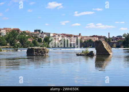 Die Stadt Zamora vom Fluss Duero mit den Überresten Puente Viejo o de Olivares und am unteren Ende Puente de Piedra. Castilla y Leon, Spanien. Stockfoto