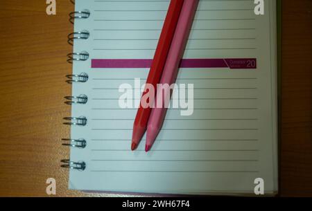 Ein leuchtendes Paar rosafarbener Bleistifte liegt auf einem Notizbuch und bietet künstlerische und farbenfrohe Werkzeuge für kreativen Ausdruck und Lernen im Büro oder in der Schule. Stockfoto
