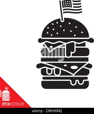 Doppelter Cheeseburger mit US-Flagge Glyphe Icon Vektor Illustration. Amerikanisches Fast Food-Symbol. Stock Vektor