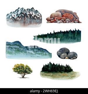 Mini-Set mit natürlichem Hintergrund. Berge, Baumwipfel, Felsen, Bäume Elemente. Aquarellabbildung isoliert auf weißem Hintergrund. Handgezeichnetes Design Stockfoto