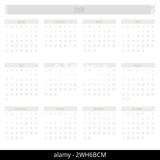 Monatskalender des Jahres 2026. Die Woche beginnt am Sonntag. Block von Monaten in zwei Reihen und sechs Spalten horizontale Anordnung. Schlichtes, dünnes minimalistisches Design. Vektorgrafik. Stock Vektor