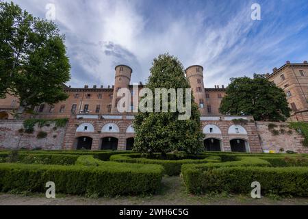 Blick auf das königliche Schloss von Moncalieri, Provinz Turin, Italien Stockfoto