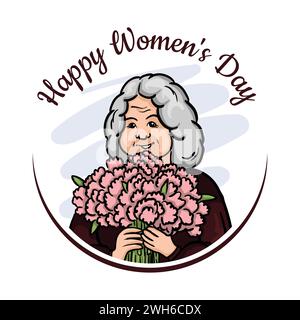Eine schöne ältere Frau mit grauem Haar hält einen Blumenstrauß. Postkarte zum Internationalen Frauentag Stock Vektor