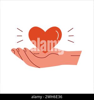Eine offene Palme mit Herz. Hand, die ein Herz hält. Konzept der Flüchtlingshilfe, Spende oder Wohltätigkeitsstiftung. Ehrenamtlich tätig, Liebe teilen und anderen helfen Stock Vektor