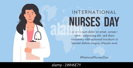 Horizontale Webbanner-Vorlage für den internationalen Schwesterntag. Medizinisches Personal oder Ärztin mit Stethoskopen, die den Notizblock für die Krankengeschichte halten Stock Vektor