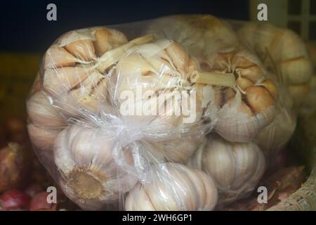 Nahaufnahme von Knoblauch, verpackt mit transparentem Kunststoff. Verpackte Zwiebeln können in verschiedenen Größen erworben werden. Stockfoto