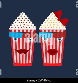 Zwei volle Comic-Eimer Popcorn mit einem weiblichen und einem männlichen Gesicht. Isolierte Vektordarstellung. Stock Vektor