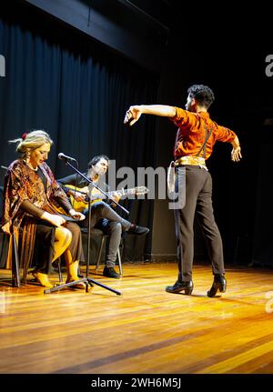 Männlicher Flamenco-Tänzer, der die Bühne mit ausdrucksstarker Haltung kommandiert, während sitzende Musiker den Rhythmus, vertikales Foto liefern. Stockfoto