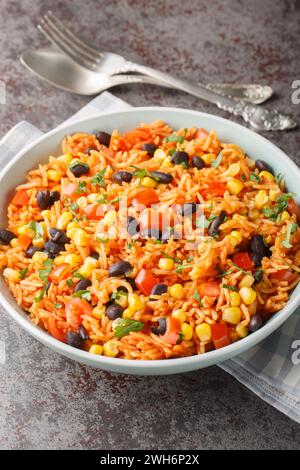 Mexikanischer Tomatenreis mit schwarzen Bohnen, Zwiebeln und Mais in einer Schüssel auf dem Tisch. Vertikal Stockfoto