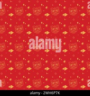 Chinese new year lion dancing head seamless pattern on red background, vector design Stock Vektor
