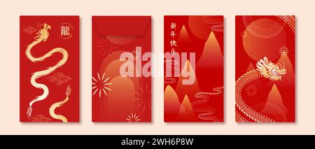 Satz von Lucky Ang Pao Umschlägen für Lunar Chinese New Year dekoriert mit goldenem Drachen auf rotem orientalischem Hintergrund Vektordesign, Fremdtext tr Stock Vektor