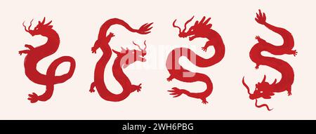 Rotes chinesisches Neujahrsdrachen Pinsel Malerei Silhouette Satz von vier isoliert in beigefarbenem Farbhintergrund, Vektordesign Stock Vektor