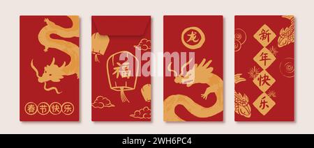 Ang Pao Lucky Roter Umschlag Design für das chinesische Neujahrsfest 2024 auf beigefarbenem Hintergrund, Fremdtextübersetzung als Wish you Prosperity, Happy Stock Vektor