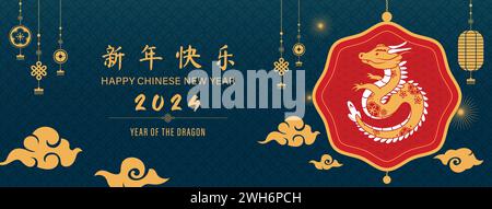 Lunar Chinesisches Neujahrscover-Banner-Design für 2024 Jahr des Drachen in dunkelblauem orientalischem Hintergrund, Fremdtextübersetzung als Happy New y Stock Vektor