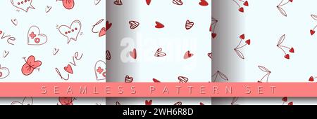 Set aus nahtlosem Muster zum Valentinstag mit Herz- und Liebeselementen auf weißem Hintergrund. Vektor-Doodle-Thema-Set, Romantik für Karten, Banner, f Stock Vektor