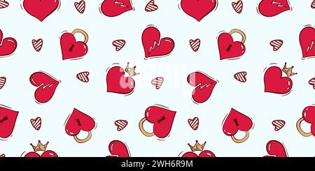 Nahtloses Muster zum Valentinstag mit Herz- und Liebeselementen auf weißem Hintergrund. Vektor Doodle Thema Set, Romantik für Karten, Banner, Flyer, Stock Vektor