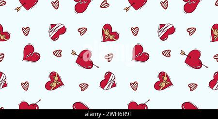 Nahtloses Muster zum Valentinstag mit Herz- und Liebeselementen auf weißem Hintergrund. Vektor Doodle Thema Set, Romantik für Karten, Banner, Flyer, Stock Vektor