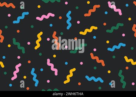 Lustiges nahtloses Muster mit farbenfrohen Konfetti auf schwarzem Hintergrund. Mehrfarbiger abstrakter festlicher Hintergrund. Texturen im Pop-Art-Stil. Funky Vektor-Design Stock Vektor