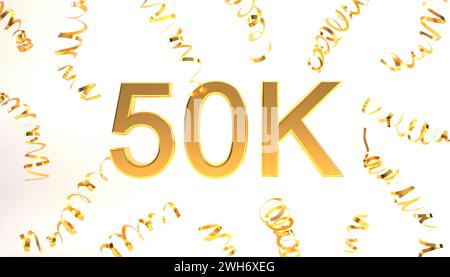 50 Follower-Symbol mit Konfetti-3D-Rendering. Goldene 50k 3D-Zahlendarstellung auf weißem Hintergrund. Banner für ein fest- oder Dankeschön-Konzept. Stockfoto